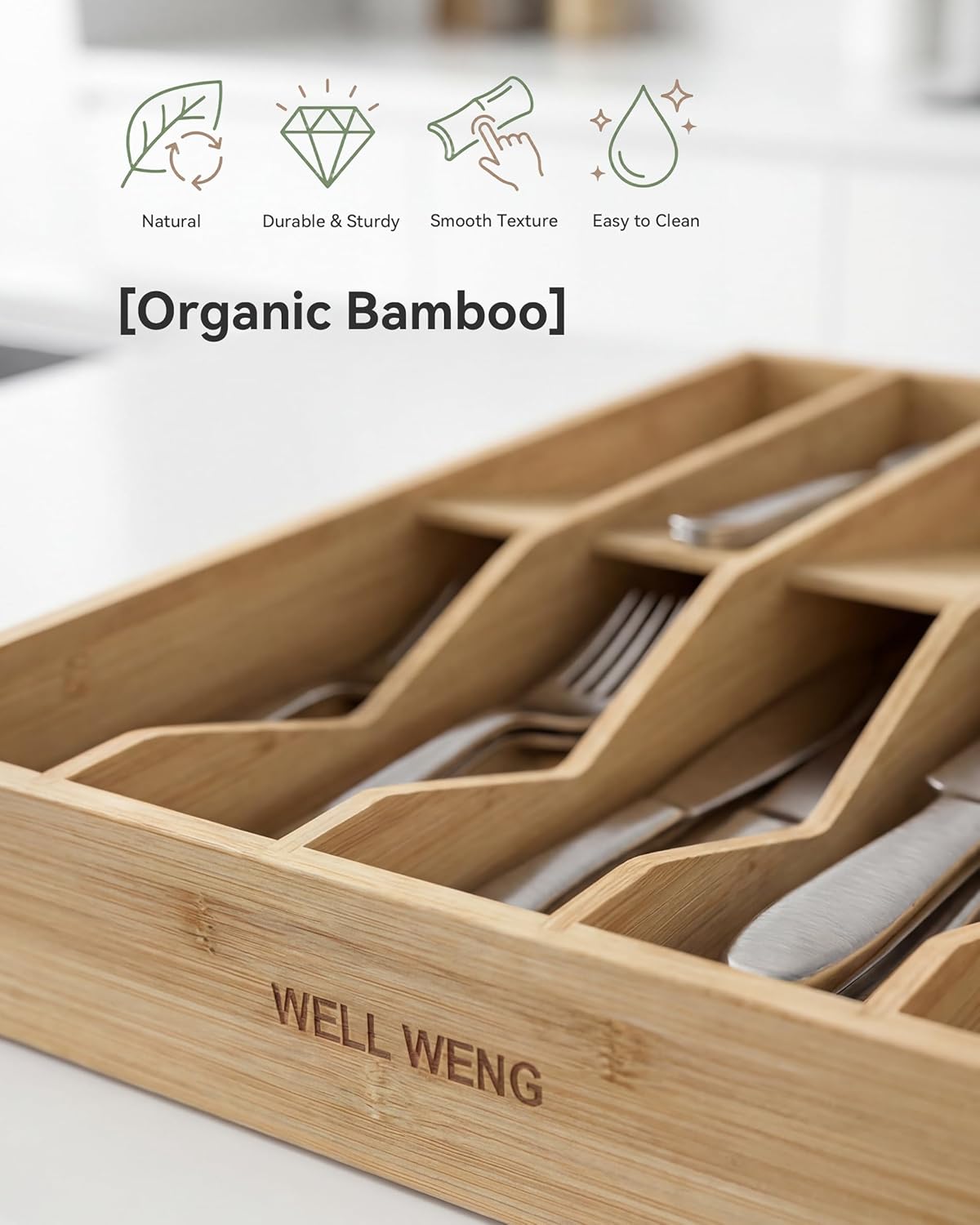 Expandable Utensil Drawer Organizer for Silverware,Bamboo 12 Slot | V-Groove & Anti-Slip Blocks, Vertical Storage,16.7" D x 13”-20" Wx 2.56" H, Cutlery Holder Dividers for Spoons Forks Knives