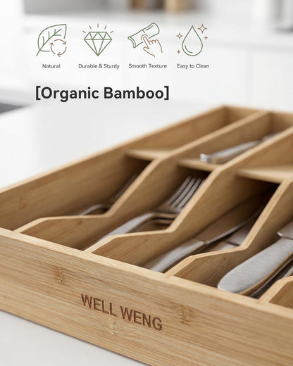 Expandable Utensil Drawer Organizer for Silverware,Bamboo 12 Slot | V-Groove & Anti-Slip Blocks, Vertical Storage,16.7" D x 13”-20" Wx 2.56" H, Cutlery Holder Dividers for Spoons Forks Knives