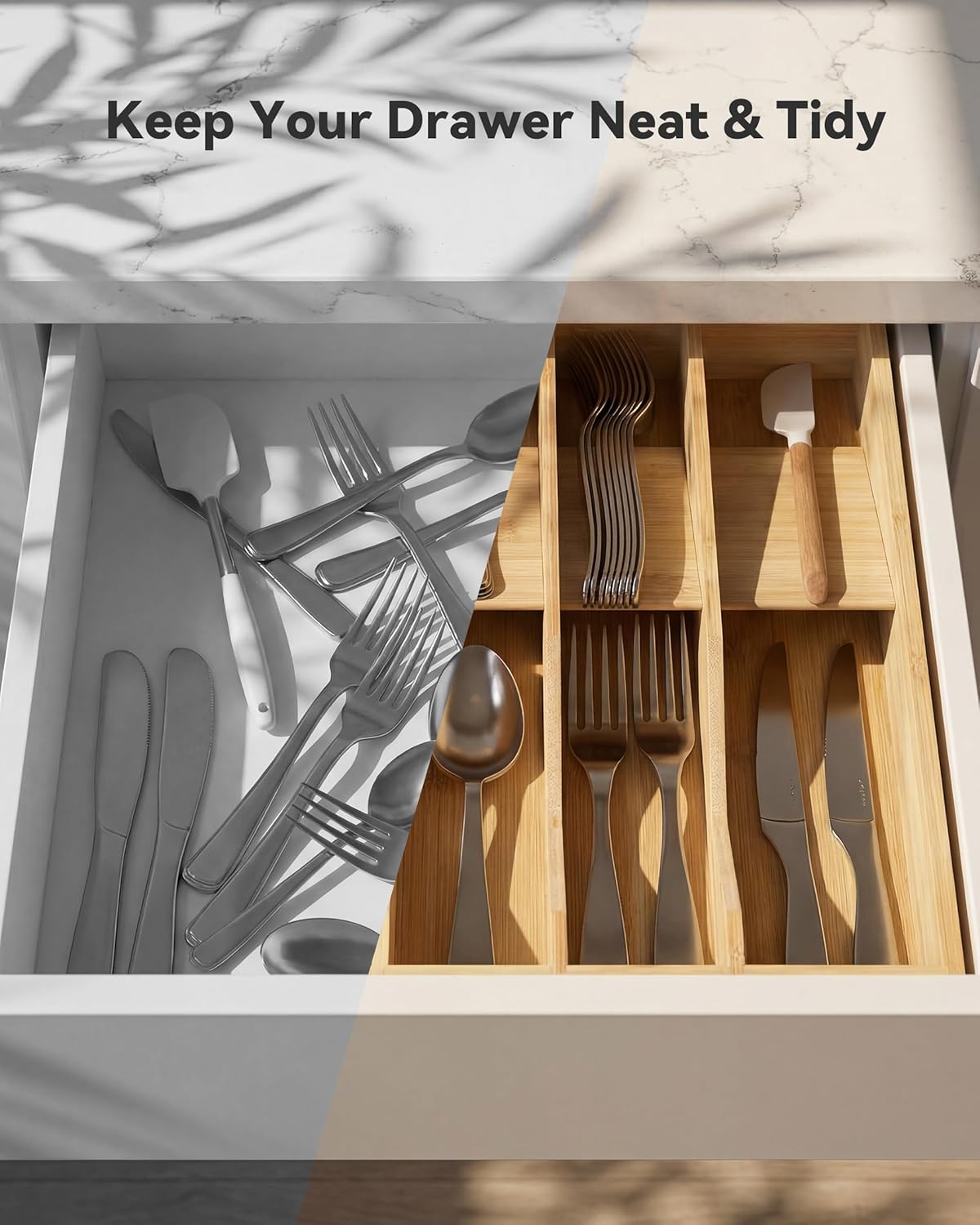 Expandable Utensil Drawer Organizer for Silverware,Bamboo 12 Slot | V-Groove & Anti-Slip Blocks, Vertical Storage,16.7" D x 13”-20" Wx 2.56" H, Cutlery Holder Dividers for Spoons Forks Knives