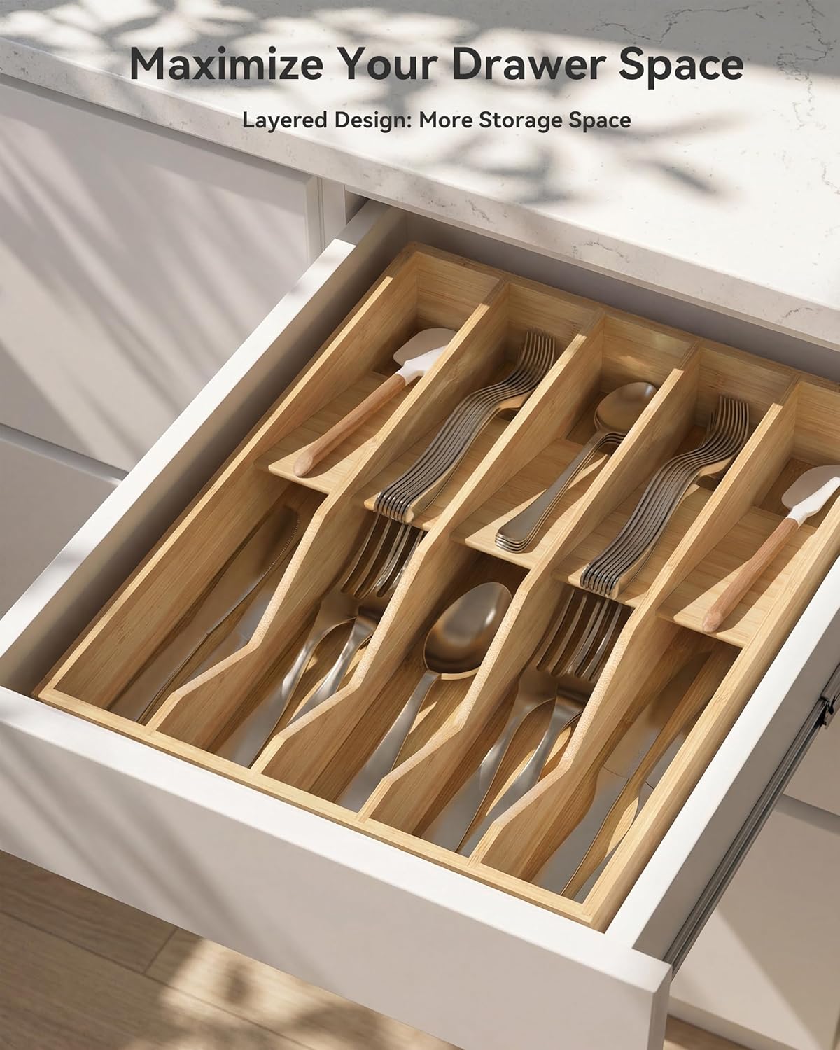 Expandable Utensil Drawer Organizer for Silverware,Bamboo 12 Slot | V-Groove & Anti-Slip Blocks, Vertical Storage,16.7" D x 13”-20" Wx 2.56" H, Cutlery Holder Dividers for Spoons Forks Knives
