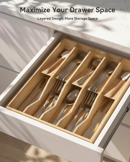 Expandable Utensil Drawer Organizer for Silverware,Bamboo 12 Slot | V-Groove & Anti-Slip Blocks, Vertical Storage,16.7" D x 13”-20" Wx 2.56" H, Cutlery Holder Dividers for Spoons Forks Knives