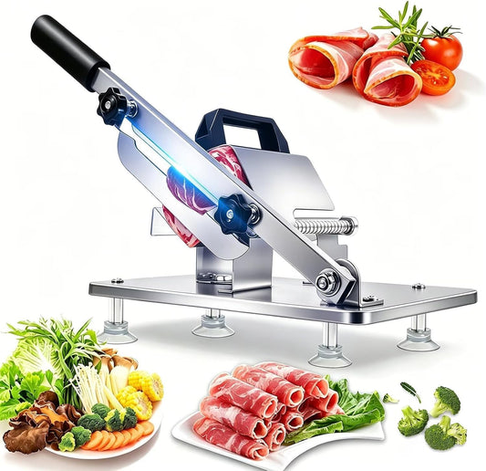 Manual Meat Slicer Frozen Meat Cutter Upgraded Stainless Steel Meat Cleavers Beef Mutton Roll Slicing Machine Vegetable Meat Slicer for Home Cooking Hotpot Shabu CNH2(Silver,16.7"x6.7")