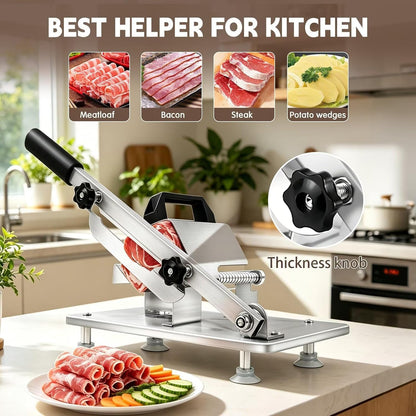 Manual Meat Slicer Frozen Meat Cutter Upgraded Stainless Steel Meat Cleavers Beef Mutton Roll Slicing Machine Vegetable Meat Slicer for Home Cooking Hotpot Shabu CNH2(Silver,16.7"x6.7")