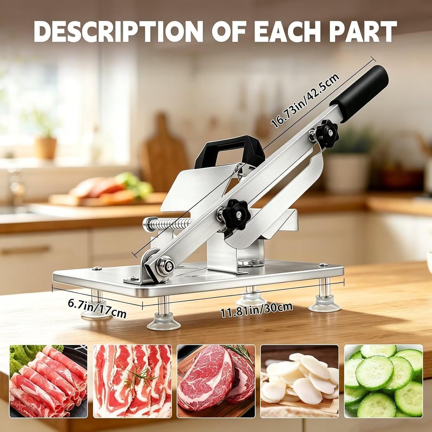 Manual Meat Slicer Frozen Meat Cutter Upgraded Stainless Steel Meat Cleavers Beef Mutton Roll Slicing Machine Vegetable Meat Slicer for Home Cooking Hotpot Shabu CNH2(Silver,16.7"x6.7")
