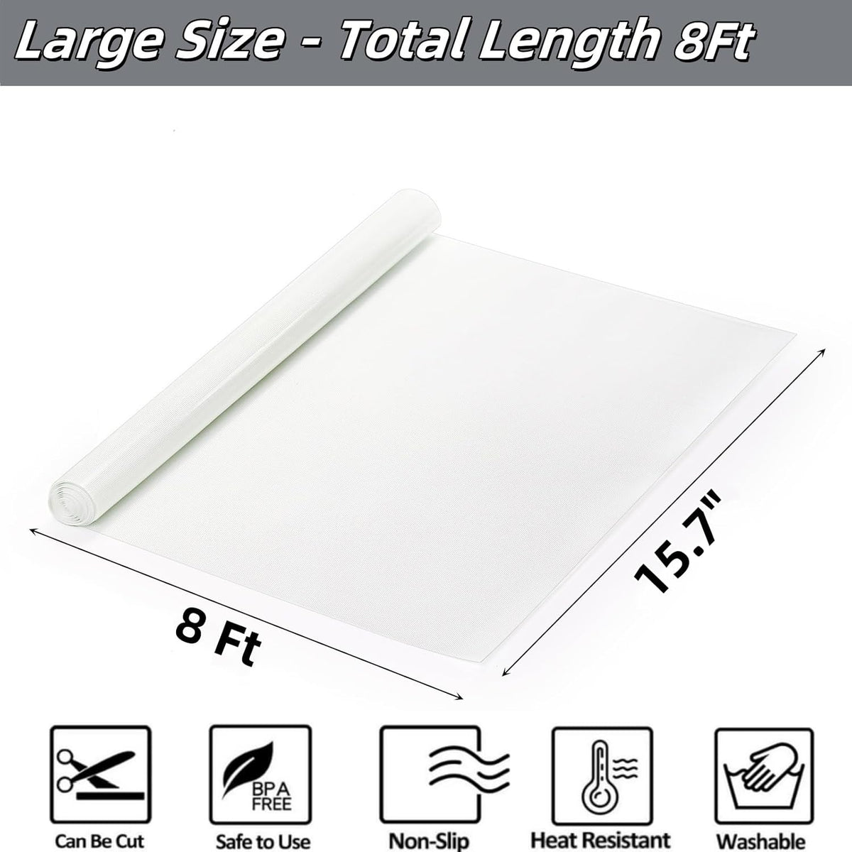 15.7 In x 8 FT Silicone Baking Mat Roll, Non-Stick Pastry Mat, Cut to Any Size, Heat Resistant Food Grade Silicone Dough Rolling Mat, Reusable Air Fryer Liner for Pie Crust, Pizza Cookies