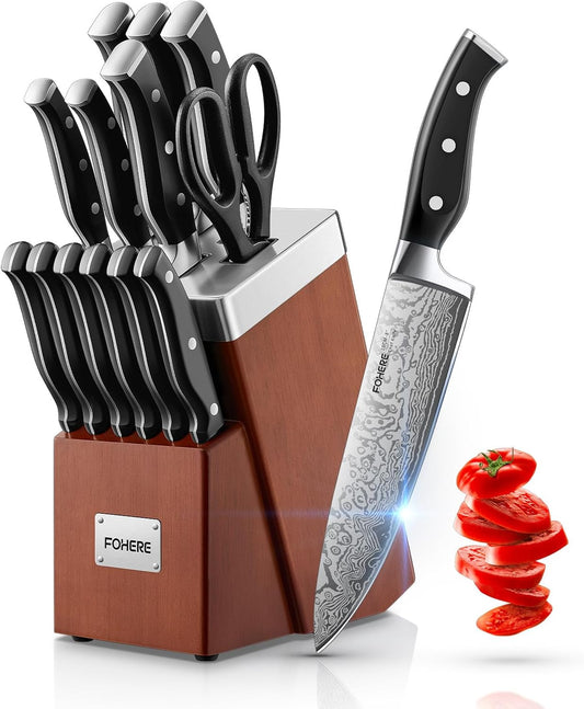 Knife Set, FOHERE 14 Pieces Self Sharpening Knife Block Set, Waved Pattern High Carbon Stainless Steel Knife Set, Rust & Stain Resistant Kitchen Knives and Triple Riveted Handle, Reddish Brown