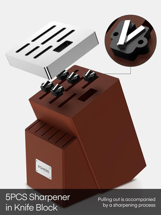 Knife Set, FOHERE 14 Pieces Self Sharpening Knife Block Set, Waved Pattern High Carbon Stainless Steel Knife Set, Rust & Stain Resistant Kitchen Knives and Triple Riveted Handle, Reddish Brown