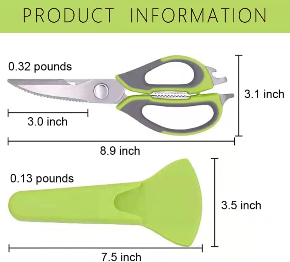 Multifunction Kitchen Shears Come Apart Dishwasher Safe Food Scissors Heavy Duty 6-In-1, Easy Wash with Magnetic Holder, for Food, Meat, Fish and Vegetable, etc. (Green)
