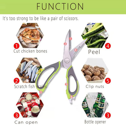 Multifunction Kitchen Shears Come Apart Dishwasher Safe Food Scissors Heavy Duty 6-In-1, Easy Wash with Magnetic Holder, for Food, Meat, Fish and Vegetable, etc. (Green)