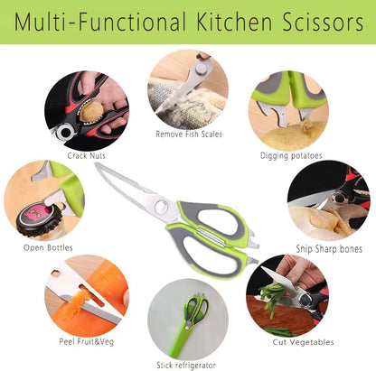 Multifunction Kitchen Shears Come Apart Dishwasher Safe Food Scissors Heavy Duty 6-In-1, Easy Wash with Magnetic Holder, for Food, Meat, Fish and Vegetable, etc. (Green)