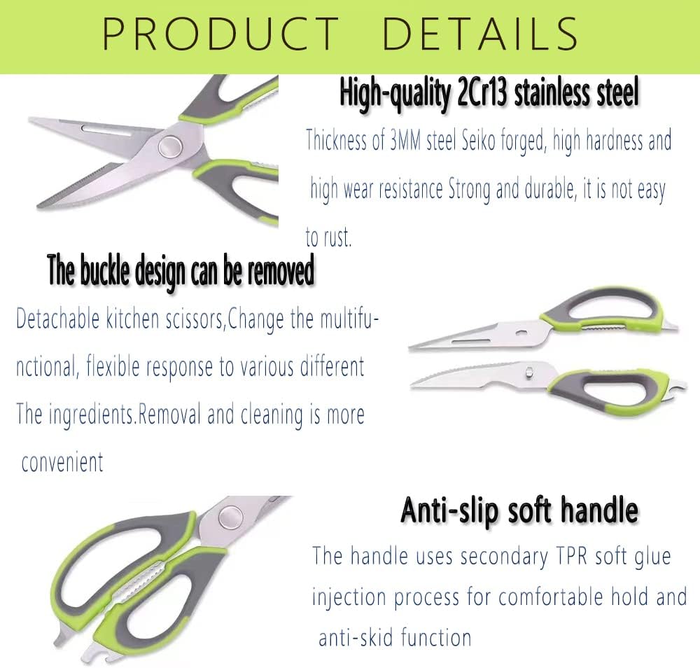 Multifunction Kitchen Shears Come Apart Dishwasher Safe Food Scissors Heavy Duty 6-In-1, Easy Wash with Magnetic Holder, for Food, Meat, Fish and Vegetable, etc. (Green)