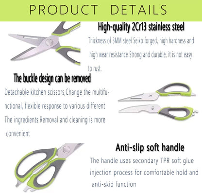 Multifunction Kitchen Shears Come Apart Dishwasher Safe Food Scissors Heavy Duty 6-In-1, Easy Wash with Magnetic Holder, for Food, Meat, Fish and Vegetable, etc. (Green)