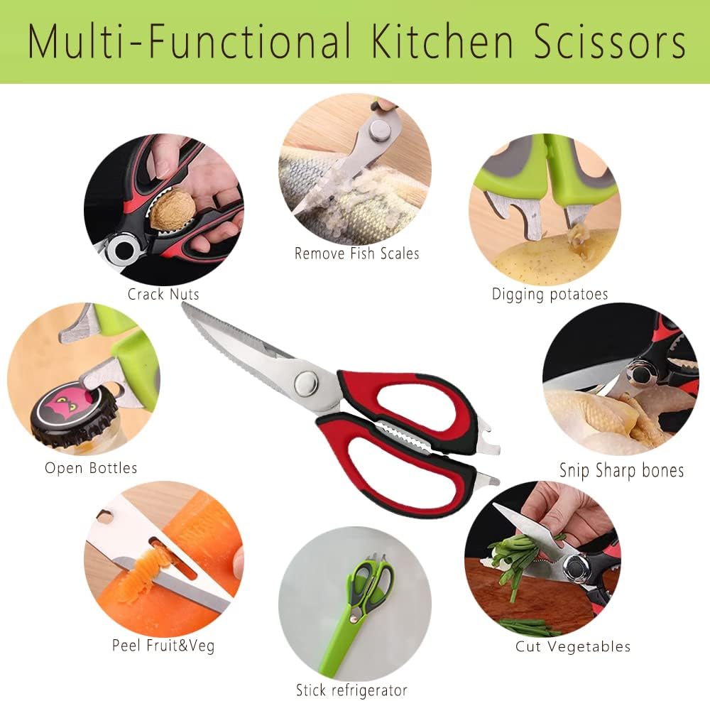 Multifunction Kitchen Shears Come Apart Dishwasher Safe Food Scissors Heavy Duty 6-In-1, Easy Wash with Magnetic Holder, for Food, Meat, Fish and Vegetable, etc. (Green)