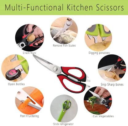 Multifunction Kitchen Shears Come Apart Dishwasher Safe Food Scissors Heavy Duty 6-In-1, Easy Wash with Magnetic Holder, for Food, Meat, Fish and Vegetable, etc. (Green)