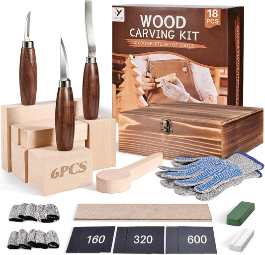 Wood Carving Kit for Beginners, Wood Carving Tools with 3Pcs Whittling Knife 7Pcs Basswood Carving Blocks, Grade 5 Anti Cutting Gloves, Leather Strop, Polishing Compound, Entry-Level Carving Gift Set