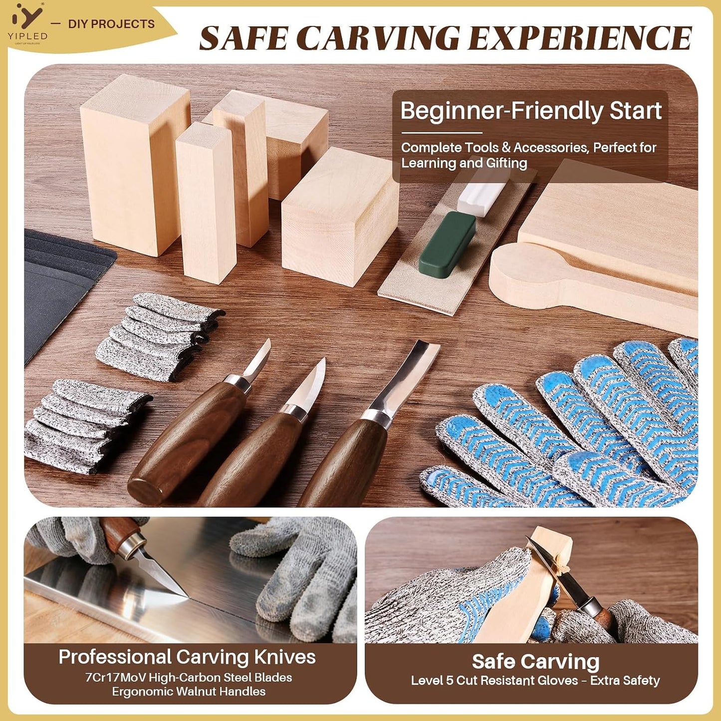 Wood Carving Kit for Beginners, Wood Carving Tools with 3Pcs Whittling Knife 7Pcs Basswood Carving Blocks, Grade 5 Anti Cutting Gloves, Leather Strop, Polishing Compound, Entry-Level Carving Gift Set
