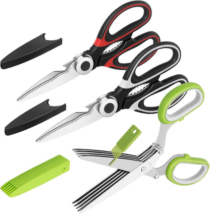 Kitchen Scissors, Multi-Purpose Heavy Duty Meat & Poultry Shears, Multi-Edge Scissors, Stainless Steel Blades, Dishwasher Safe, Black/Red/Green, Set of 3