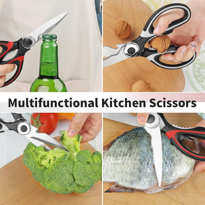 Kitchen Scissors, Multi-Purpose Heavy Duty Meat & Poultry Shears, Multi-Edge Scissors, Stainless Steel Blades, Dishwasher Safe, Black/Red/Green, Set of 3