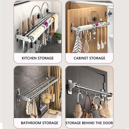 Hanging Wall Mount knife Wall Mount, Kitchen Organizer Storage Shelf for Utensils Spatula Spoon, Space-Saving Knife Rack with Hooks,Wall-Mounted Utensil Holder (Black, 60CM+Three Poles+10Hooks)