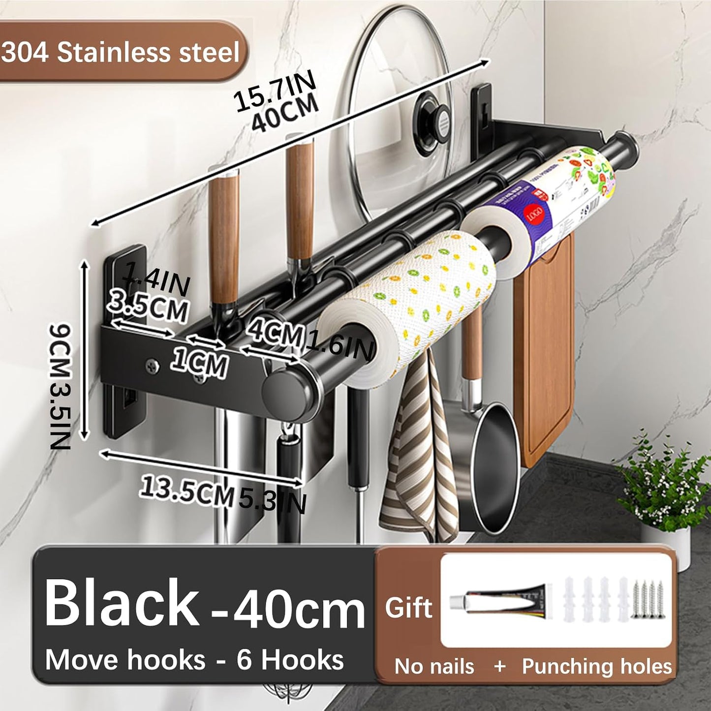 Hanging Wall Mount knife Wall Mount, Kitchen Organizer Storage Shelf for Utensils Spatula Spoon, Space-Saving Knife Rack with Hooks,Wall-Mounted Utensil Holder (Black, 60CM+Three Poles+10Hooks)