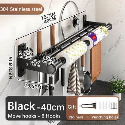 Hanging Wall Mount knife Wall Mount, Kitchen Organizer Storage Shelf for Utensils Spatula Spoon, Space-Saving Knife Rack with Hooks,Wall-Mounted Utensil Holder (Black, 60CM+Three Poles+10Hooks)