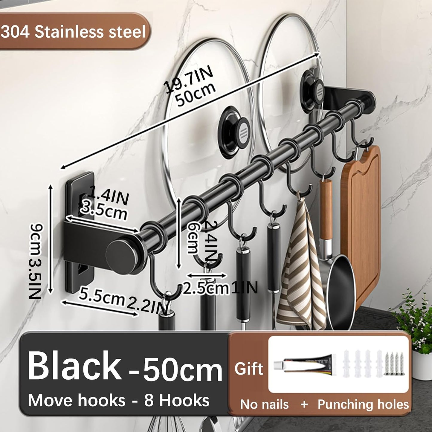 Hanging Wall Mount knife Wall Mount, Kitchen Organizer Storage Shelf for Utensils Spatula Spoon, Space-Saving Knife Rack with Hooks,Wall-Mounted Utensil Holder (Black, 60CM+Three Poles+10Hooks)