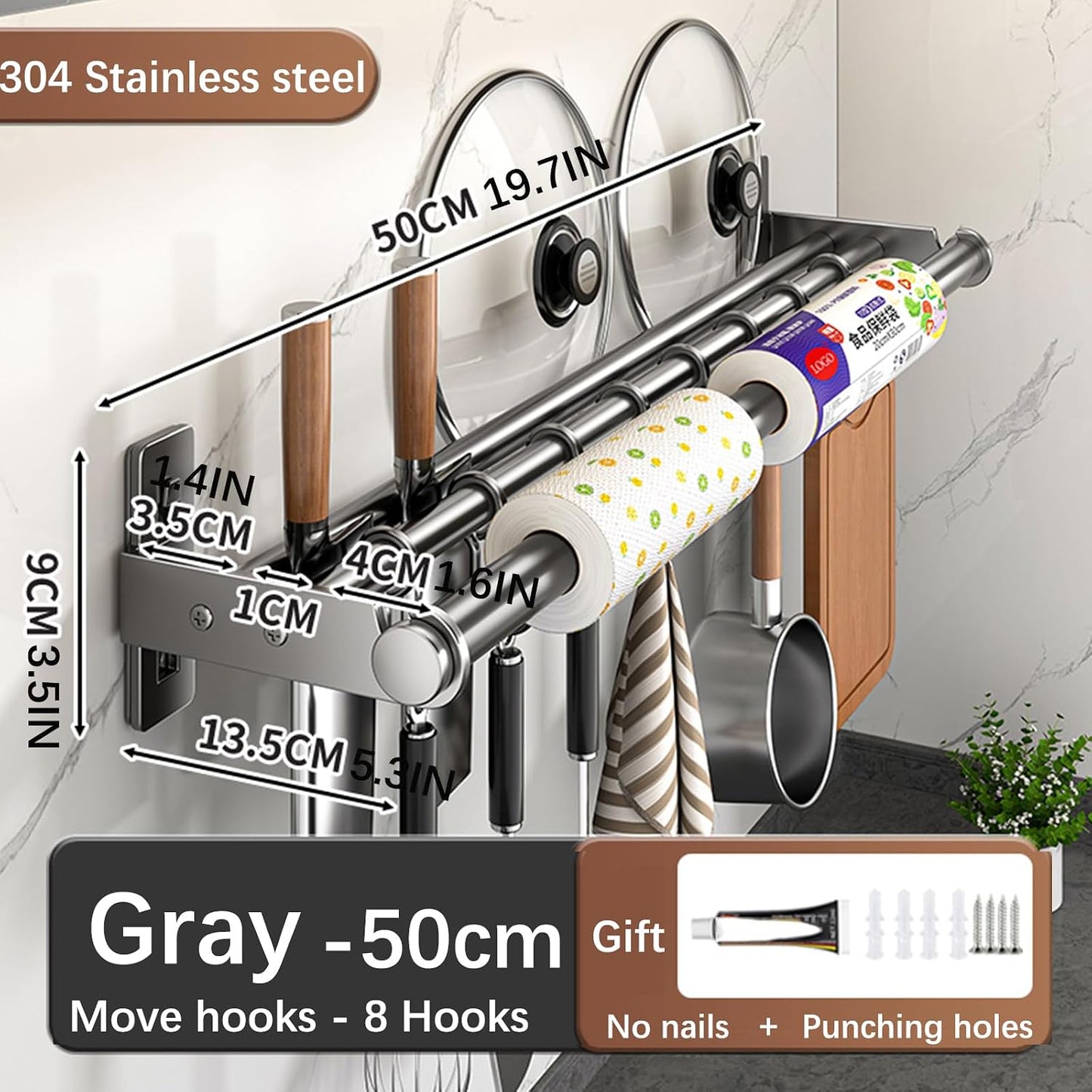 Hanging Wall Mount knife Wall Mount, Kitchen Organizer Storage Shelf for Utensils Spatula Spoon, Space-Saving Knife Rack with Hooks,Wall-Mounted Utensil Holder (Black, 60CM+Three Poles+10Hooks)