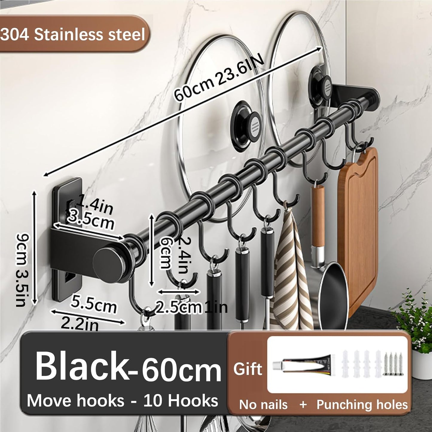 Hanging Wall Mount knife Wall Mount, Kitchen Organizer Storage Shelf for Utensils Spatula Spoon, Space-Saving Knife Rack with Hooks,Wall-Mounted Utensil Holder (Black, 60CM+Three Poles+10Hooks)