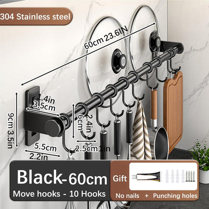 Hanging Wall Mount knife Wall Mount, Kitchen Organizer Storage Shelf for Utensils Spatula Spoon, Space-Saving Knife Rack with Hooks,Wall-Mounted Utensil Holder (Black, 60CM+Three Poles+10Hooks)