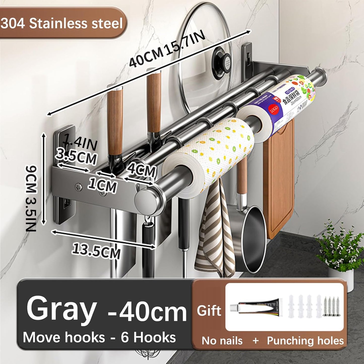 Hanging Wall Mount knife Wall Mount, Kitchen Organizer Storage Shelf for Utensils Spatula Spoon, Space-Saving Knife Rack with Hooks,Wall-Mounted Utensil Holder (Black, 60CM+Three Poles+10Hooks)