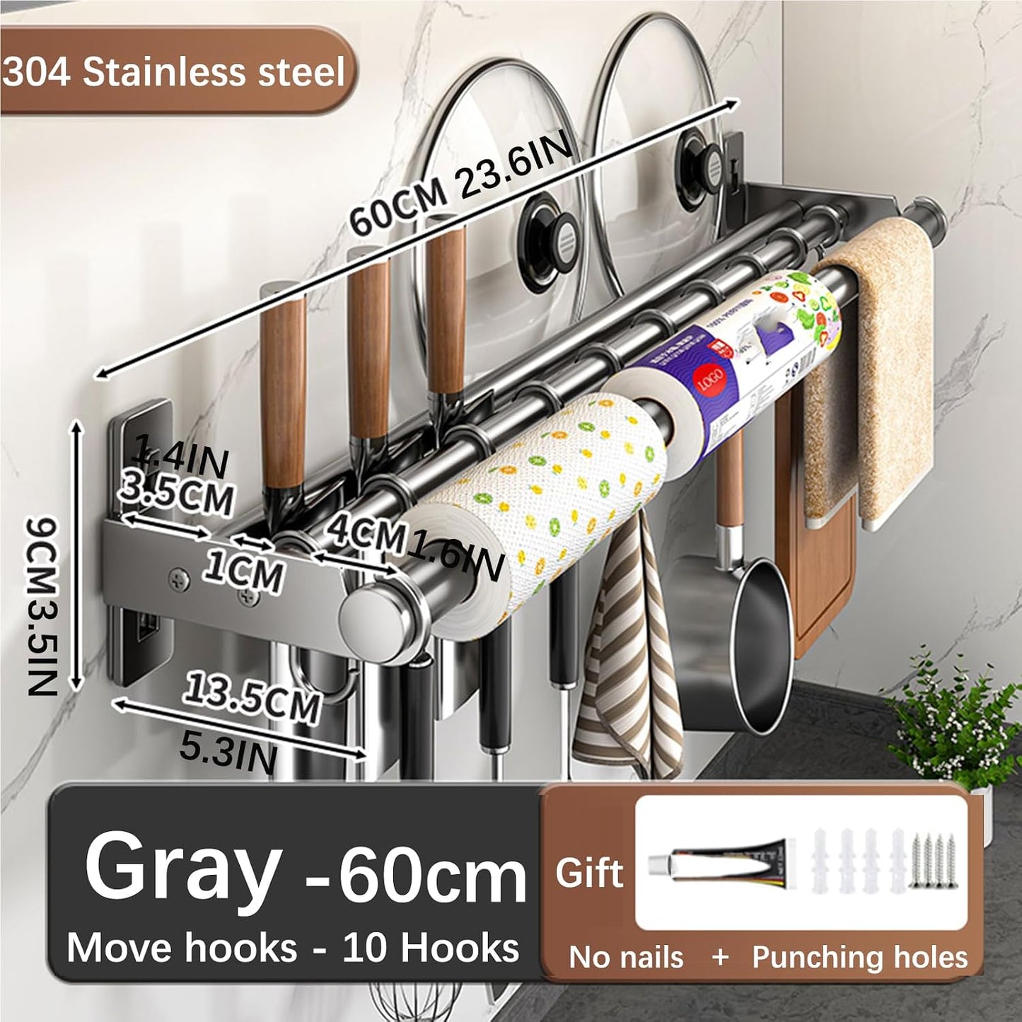 Hanging Wall Mount knife Wall Mount, Kitchen Organizer Storage Shelf for Utensils Spatula Spoon, Space-Saving Knife Rack with Hooks,Wall-Mounted Utensil Holder (Black, 60CM+Three Poles+10Hooks)