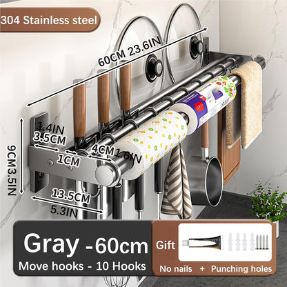 Hanging Wall Mount knife Wall Mount, Kitchen Organizer Storage Shelf for Utensils Spatula Spoon, Space-Saving Knife Rack with Hooks,Wall-Mounted Utensil Holder (Black, 60CM+Three Poles+10Hooks)