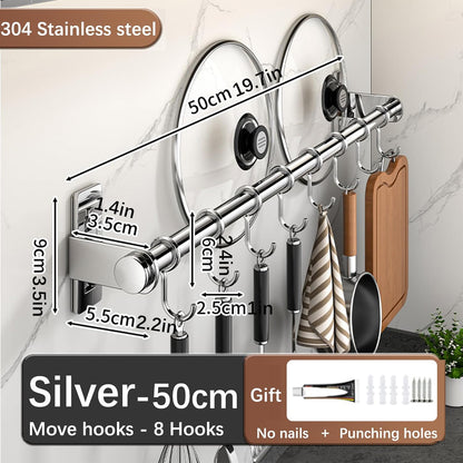 Hanging Wall Mount knife Wall Mount, Kitchen Organizer Storage Shelf for Utensils Spatula Spoon, Space-Saving Knife Rack with Hooks,Wall-Mounted Utensil Holder (Black, 60CM+Three Poles+10Hooks)