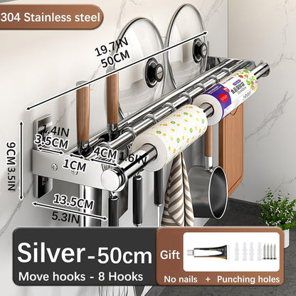 Hanging Wall Mount knife Wall Mount, Kitchen Organizer Storage Shelf for Utensils Spatula Spoon, Space-Saving Knife Rack with Hooks,Wall-Mounted Utensil Holder (Black, 60CM+Three Poles+10Hooks)