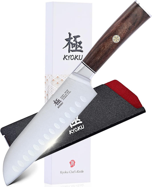 7 Inch Santoku Knife, Daimyo Series, Rosewood Handle, 440C Steel | Japanese 440C Stainless Steel, Vacuum Heat Treated, Mosaic Pin, Sheath & Case, For Chef And Home Kitchen Use