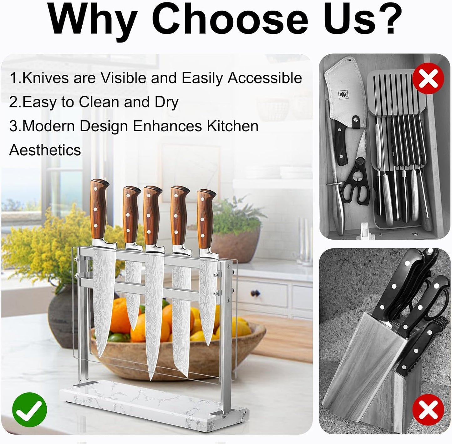 Acrylic Shield Magnetic Knife Block Holder - Marble Base Magnetic Knife Stand for Counter Top -Double Sided Magnetic Knife Holder -Stainless Steel Kitchen Knife Block without Knives -White