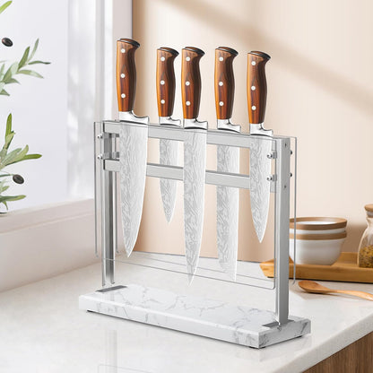 Acrylic Shield Magnetic Knife Block Holder - Marble Base Magnetic Knife Stand for Counter Top -Double Sided Magnetic Knife Holder -Stainless Steel Kitchen Knife Block without Knives -White