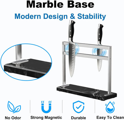 Acrylic Shield Magnetic Knife Block Holder - Marble Base Magnetic Knife Stand for Counter Top -Double Sided Magnetic Knife Holder -Stainless Steel Kitchen Knife Block without Knives -White