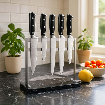 Acrylic Shield Magnetic Knife Block Holder - Marble Base Magnetic Knife Stand for Counter Top -Double Sided Magnetic Knife Holder -Stainless Steel Kitchen Knife Block without Knives -White