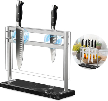 Acrylic Shield Magnetic Knife Block Holder - Marble Base Magnetic Knife Stand for Counter Top -Double Sided Magnetic Knife Holder -Stainless Steel Kitchen Knife Block without Knives -White