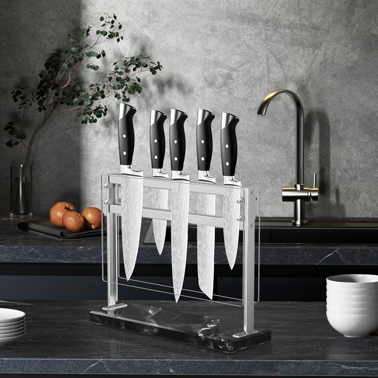 Acrylic Shield Magnetic Knife Block Holder - Marble Base Magnetic Knife Stand for Counter Top -Double Sided Magnetic Knife Holder -Stainless Steel Kitchen Knife Block without Knives -White