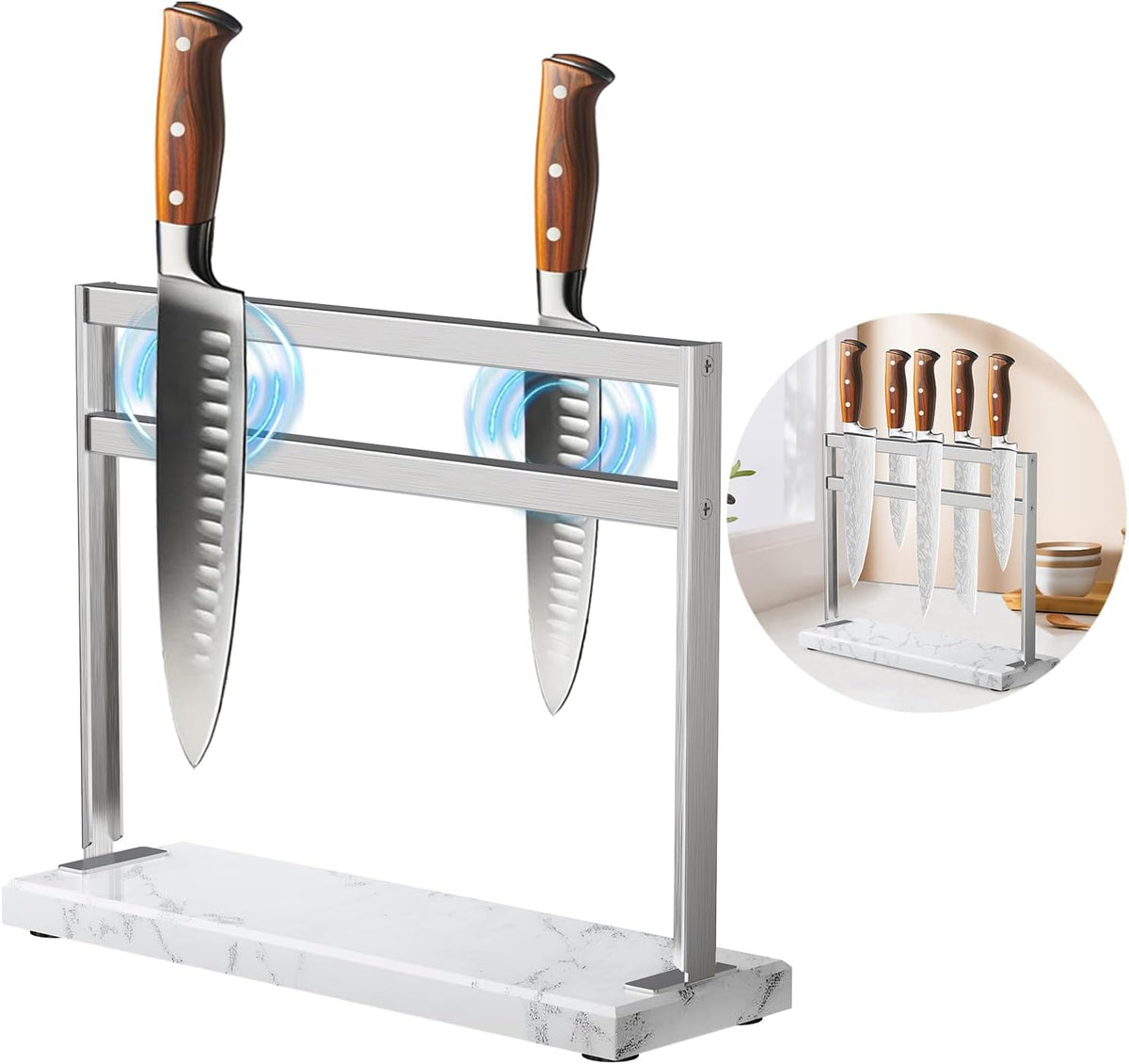 Acrylic Shield Magnetic Knife Block Holder - Marble Base Magnetic Knife Stand for Counter Top -Double Sided Magnetic Knife Holder -Stainless Steel Kitchen Knife Block without Knives -White