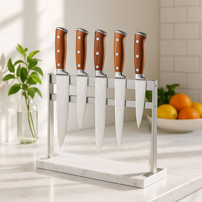 Acrylic Shield Magnetic Knife Block Holder - Marble Base Magnetic Knife Stand for Counter Top -Double Sided Magnetic Knife Holder -Stainless Steel Kitchen Knife Block without Knives -White