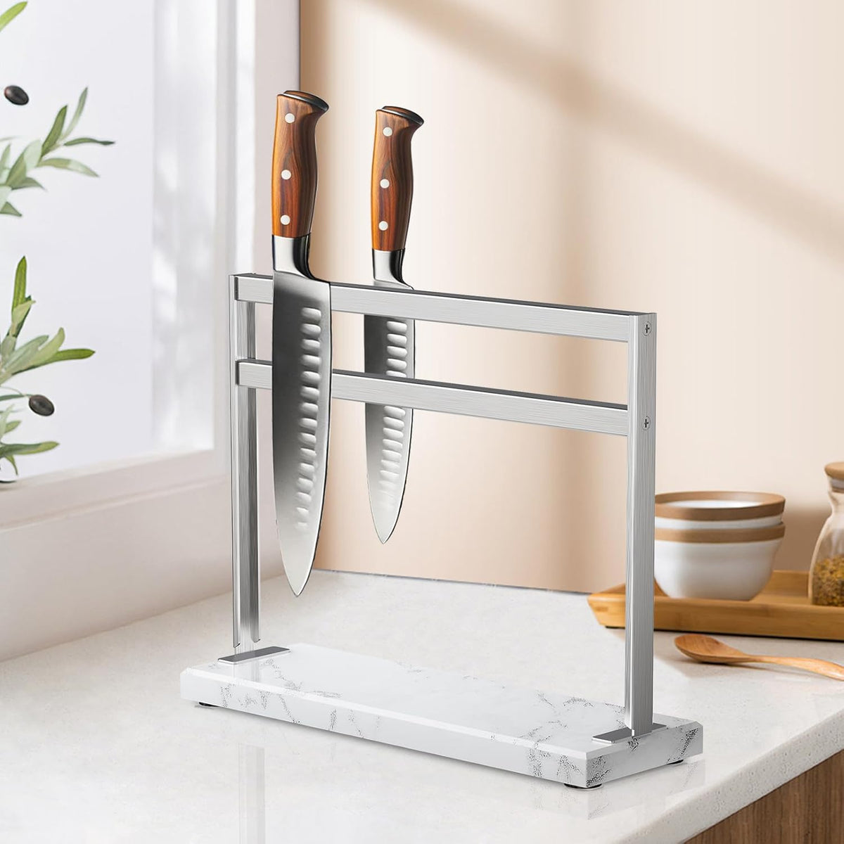 Acrylic Shield Magnetic Knife Block Holder - Marble Base Magnetic Knife Stand for Counter Top -Double Sided Magnetic Knife Holder -Stainless Steel Kitchen Knife Block without Knives -White