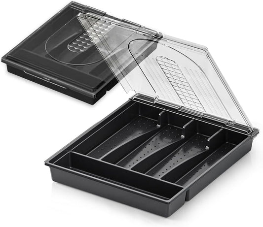 Kitchen Utensil Organizer Holder for Countertop with Removable Lid, Plastic 13 Inch Silverware Tray for Drawer,5 Compartments/Slots Total Flatware Organizer,Portable Cutlery Knives,Forks,Spoons Black