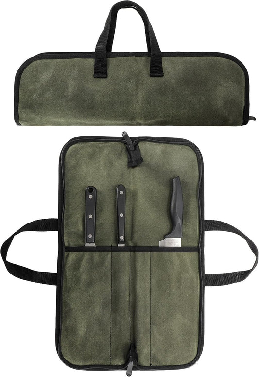 Chef Knife Roll Bag with 4 Slots, Heavy Duty Waxed Canvas Knife Bag with Handle, Kitchen Knife Storage, Portable Knife Carrying Case