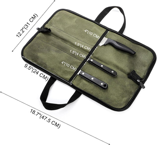 Chef Knife Roll Bag with 4 Slots, Heavy Duty Waxed Canvas Knife Bag with Handle, Kitchen Knife Storage, Portable Knife Carrying Case