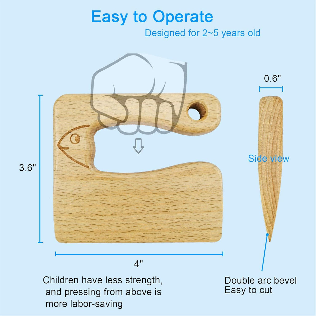 Wooden Kids Knife for Cooking and Safe Cutting Veggies Fruits, Cute Fish Shape Kids Kitchen Tools, Christmas Gifts for kids, 2-5 Years Old Applicable