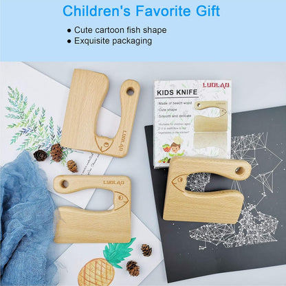 Wooden Kids Knife for Cooking and Safe Cutting Veggies Fruits, Cute Fish Shape Kids Kitchen Tools, Christmas Gifts for kids, 2-5 Years Old Applicable