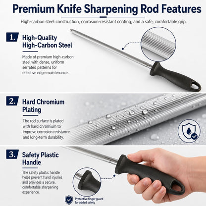 Knife Sharpener Rod, 10 Inch Honing Steel for Knives, Professional Magnetic Sharpening Stick, Premium High Carbon Steel with Hard Chrome Plating, Easy to Grip for All Kitchen Knives